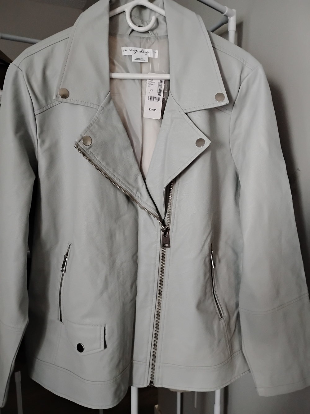 Penningtons Women's Taupe/Gray Faux Leather Zip Up Moto Biker Long Sleeve Jacket